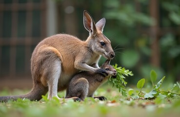 Wallaby mother stands over baby joey eating fresh green leaves. Parent watches child feeding in wild nature environment. Australian wildlife animal family habitat. Cute small kangaroo creature