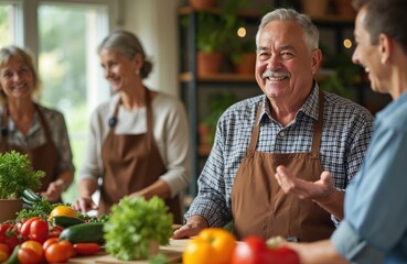 Smiling senior man actively leads nutrition workshop for diverse older adults. In aprons, learning healthy cooking, preparing fresh vegetables like tomatoes. Happy group discusses dietary tips,