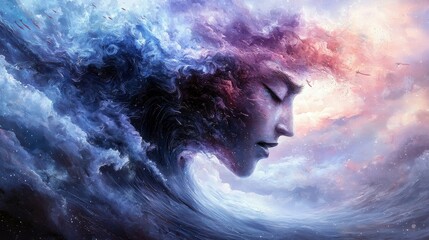A woman's face merges with ocean waves and clouds, creating a surreal and dreamlike scene, evoking feelings of peace and tranquility.
