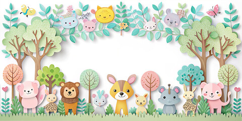 Obraz premium Colorful paper cutout scene with animals and trees in a playful forest setting during a sunny day