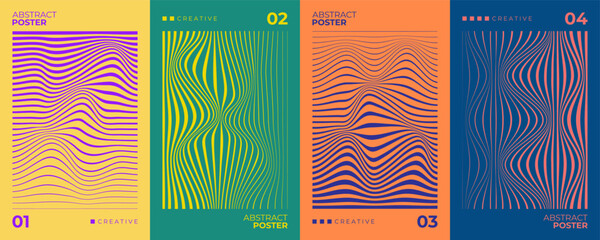 Fototapeta premium Line waves style abstract posters set. Wavy line patterns. Minimalist cover templates. Futuristic backgrounds for creative graphic design. Vector illustration.