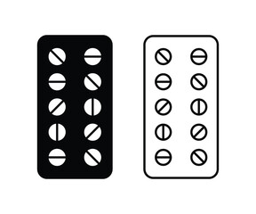 Pill strip icon vector. Pills in blister pack. Pill or tablet icon. Black pills strip icon