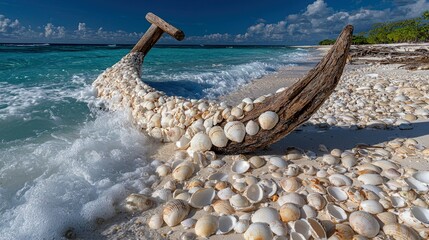 Obraz premium A piece of driftwood covered in seashells on a sandy beach with waves crashing. The image is taken on a sunny day.