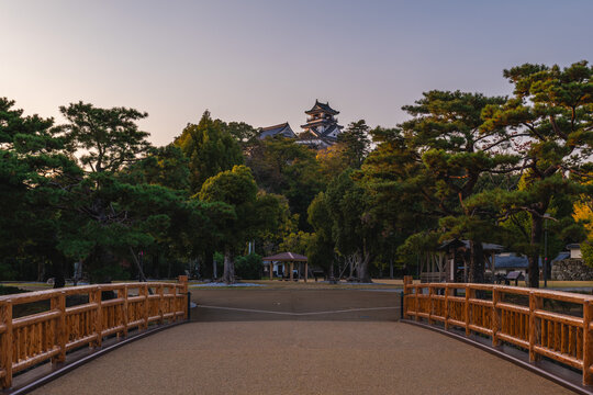 Kochi Castle on the hilltop of Otakasa Hill in Kochi Prefecture, Shikoku, Japan at dusk