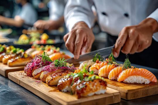Chef preparing a plate of delicious sushi in a professional kitchen