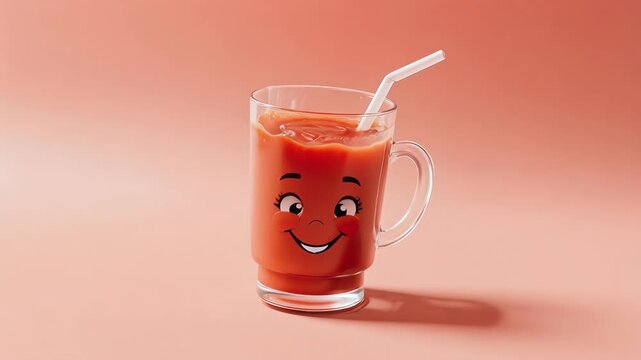 Smiling Glass of Red Drink with Straw Against a Pastel Peach Background