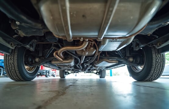 Undercarriage view of modern car on auto repair lift. Exhaust pipe, muffler, gas tank, suspension system, differential, brake lines, wheels clearly visible underneath. Garage mechanic performs full