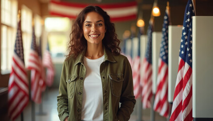Smiling Hispanic woman stands at polling place. Proudly participates in American election, exercising civic right. Happy female citizen casts ballot, showing strong democratic engagement, patriotism,