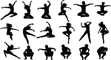 Dynamic dancer silhouettes performing expressive movement poses, energetic jumps, creative choreography, artistic dance motion, modern performance illustration suitable 