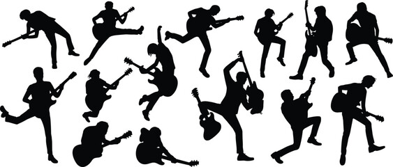 Dynamic guitar player silhouettes performing energetic rock poses, musician jump actions, concert movement collection, music performance clipart set for creative design projects, vector art