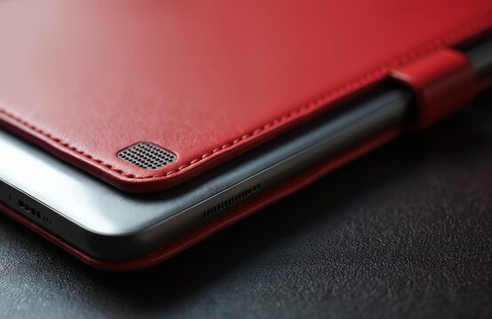 Close up of digital tablet in a red leather case. Electronic gadget has a protective cover. Modern mobile device with smart accessory lies on black textured background.