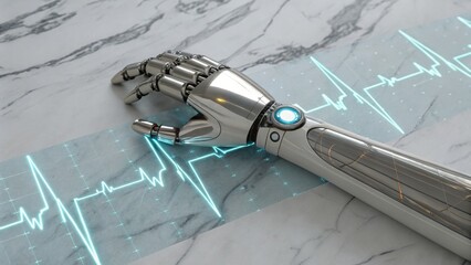 Bionic hand resting on marble surface with projected heartbeat signal