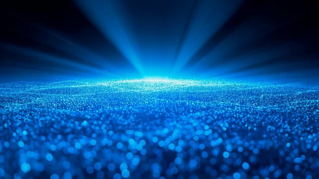 Glowing Blue Particle Horizon with Radiant Light Burst and Sparkling Bokeh Field on Dark Background