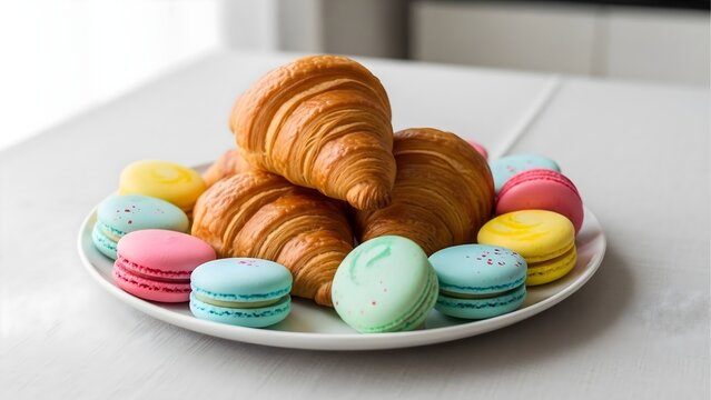 Delicious croissants and macarons on a plate perfect for breakfast or dessert food photography style