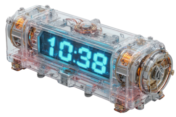 Futuristic Timekeeper: A transparent, sleek digital clock with a captivating blue display, showcasing the time, embedded with intricate mechanical and technological details.