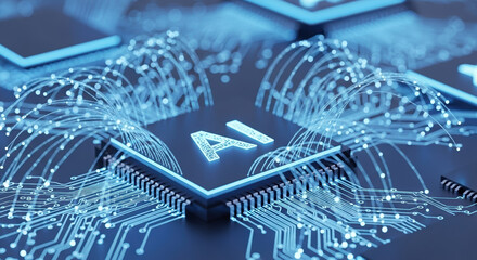 Artificial intelligence in network management concept featuring integrated chips, data streams, and computer components. Artificial intelligence manages network traffic,