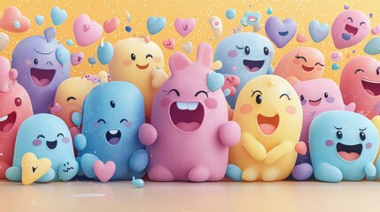 Obraz premium A Cheerful Group of Cute Colorful Cartoon Characters With Sparkles and Hearts Against A Bright Yellow Glittery Background