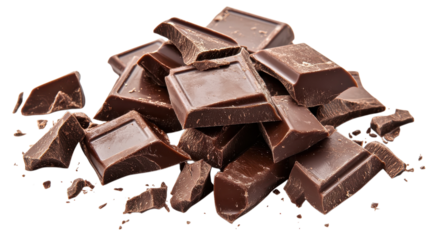 Dark chocolate pieces scattered on a white surface ready for baking and cooking in a cozy kitchen setting.