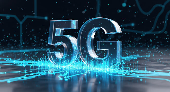 Crystal 5G network on blue background represents technology of future, with its lightning speed, high connectivity, and low latency. 5G network technology can be applied to many fields,