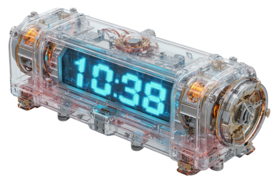 Futuristic Timekeeper: A transparent, sleek digital clock with a captivating blue display, showcasing the time, embedded with intricate mechanical and technological details.