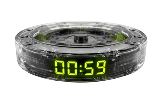 Countdown Clock: A modern countdown clock displaying the last few seconds, a sleek digital device for timing events, competition, or deadlines.