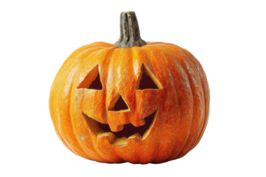 Jack-o'-lantern Pumpkin : A cheerful, hand-carved pumpkin lantern, its grinning face glowing warmly, ready to light up the night for Halloween. - Powered by Adobe