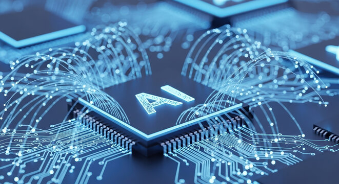 Artificial intelligence in network management concept featuring integrated chips, data streams, and computer components. Artificial intelligence manages network traffic,