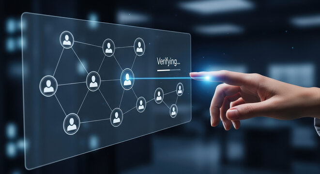 Exploring data privacy with touch interface, hand presses transparent screen to verifying digital identity of person.