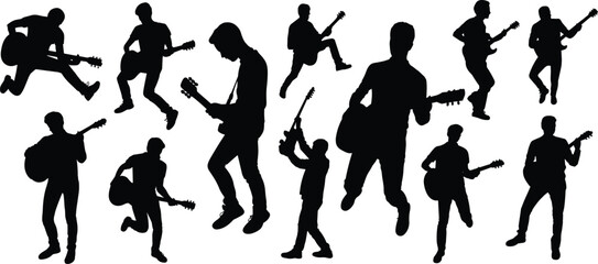 Energetic guitarist silhouettes performing dynamic music poses, rock concert action, creative stage movement, expressive musicians, artistic electric guitar performance illustration for designs