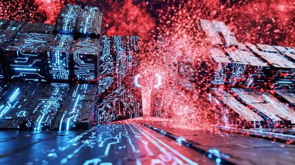 Futuristic cityscape features cybernetic structures with glowing circuit board details. Abstract red background - Powered by Adobe