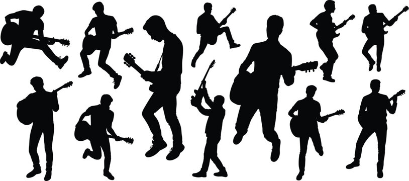 Energetic guitarist silhouettes performing dynamic music poses, rock concert action, creative stage movement, expressive musicians, artistic electric guitar performance illustration for designs