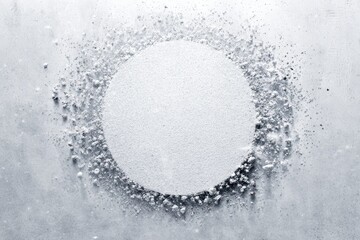 Minimalist White Circle Frame Surrounded by Shimmering Silver Glitter on Textured Gray Background.