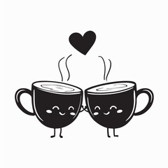 Character Two Coffee Cups Toasting with Heart Logo vector on white background