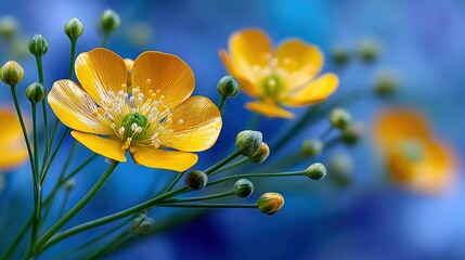 Close-up of vibrant yellow buttercups in full bloom, set against a blurred blue background. The image highlights the delicate details of the flowers.
