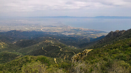Panoramic view from the Capoterra mountains in Sardinia, Italy