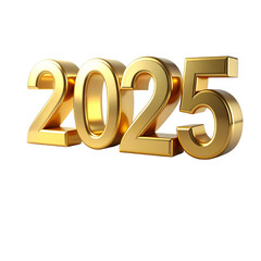elegant 3d metallic golden 2025 numbers symbolizing the new year, standing on a clean reflective white surface.