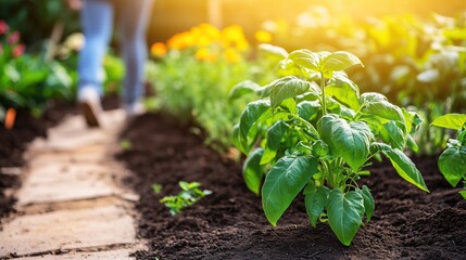 A calm and vibrant vegetable garden with a walking pathway, surrounded by healthy plants and warm sunlight, evoking a sense of growth and tranquility in nature.