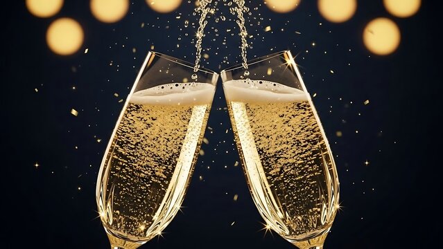 Two champagne flutes toasting with sparkling wine and bokeh lights.