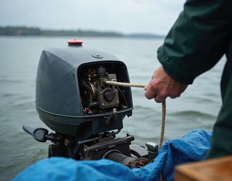 Man hand starts old broken outboard boat motor with rope pull. Person attempts emergency engine start on water. Uncovered motorboat mechanism needs repair service urgent maintenance on lake river