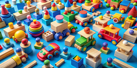 Colorful wooden toys arranged on a blue surface for creative and educational playtime experiences