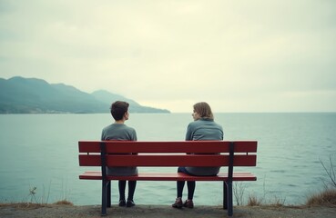 Two persons sit on red bench facing calm sea water and distant hills. People look out over tranquil ocean landscape. Cloudy sky. Quiet, reflective mood.