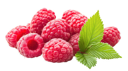 Fresh raspberries with green leaves arranged together on a white background.