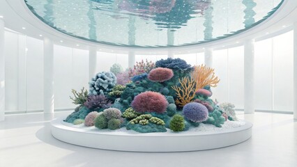 Colorful coral reef display under a waterlike ceiling in a white room