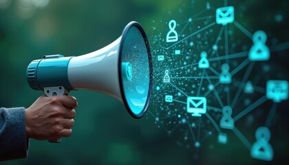 Hand holds megaphone with digital network icons emerging. Person communicates through loudspeaker with online media symbols. Social media announcement with email, people icons.