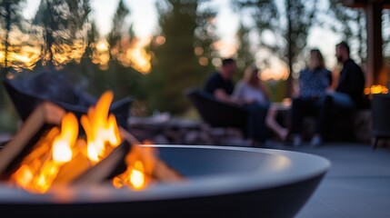 Friends enjoying an evening outdoors with a central fire pit surrounded by nature.