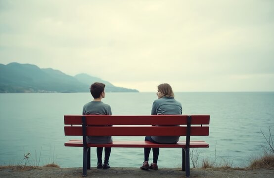 Two persons sit on red bench facing calm sea water and distant hills. People look out over tranquil ocean landscape. Cloudy sky. Quiet, reflective mood.