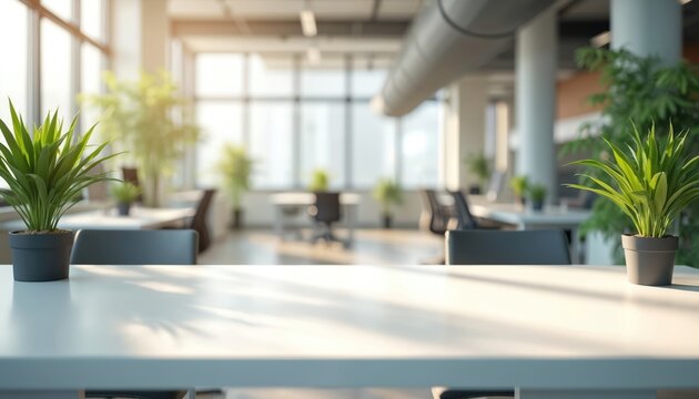 Empty office room with green plants on table. Nobody inside. Business concept for modern workplace. Interior background with blurred space. Clean white table, chairs. Natural light in the workspace.
