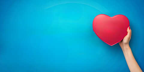 Hand holding a bright red heart shape against a blue background highlighting feelings of love and affection