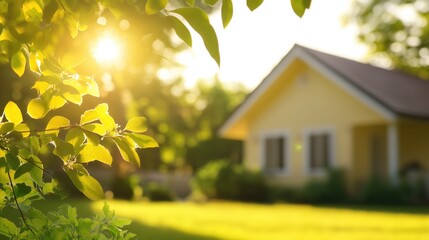 A cozy yellow house surrounded by a sunny green garden, perfect for relaxing days