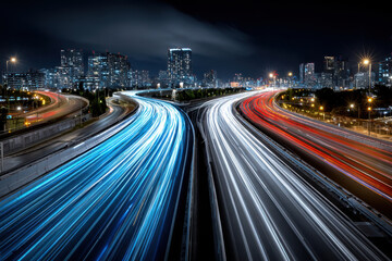 Fototapeta premium Night City Highway with Light Trails and Skyline